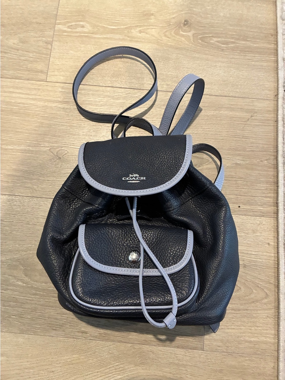 Coach Navy Pebbled Leather Mini Backpack with Light blue Trim